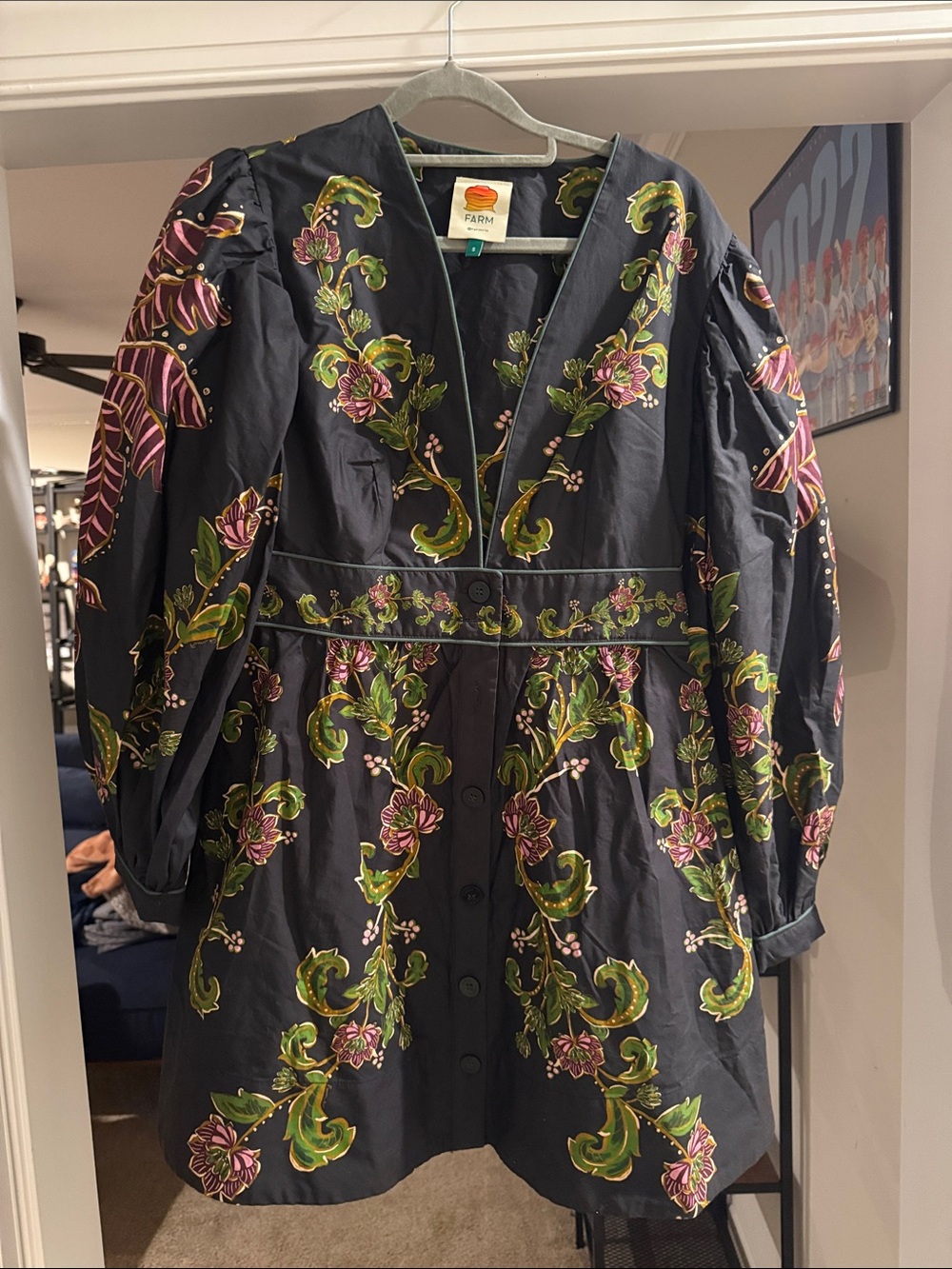 FARM Rio Black Mini Dress with Pink & Green Floral Embroidery